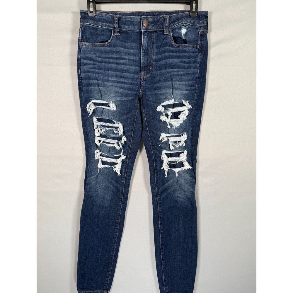 American Eagle Jeans Women 12 32x29" Blue Hi Rise Jegging Stretch Distressed‎